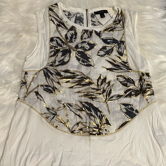 EUC J Crew XS sleeveless linen/cotton top w/ beautiful leaf w/gold accent print - Picture 4 of 14